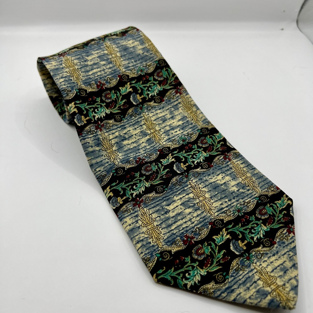 Metropolitan Museum of Art Silk Necktie Mens Floral Pattern Blue Gold‎